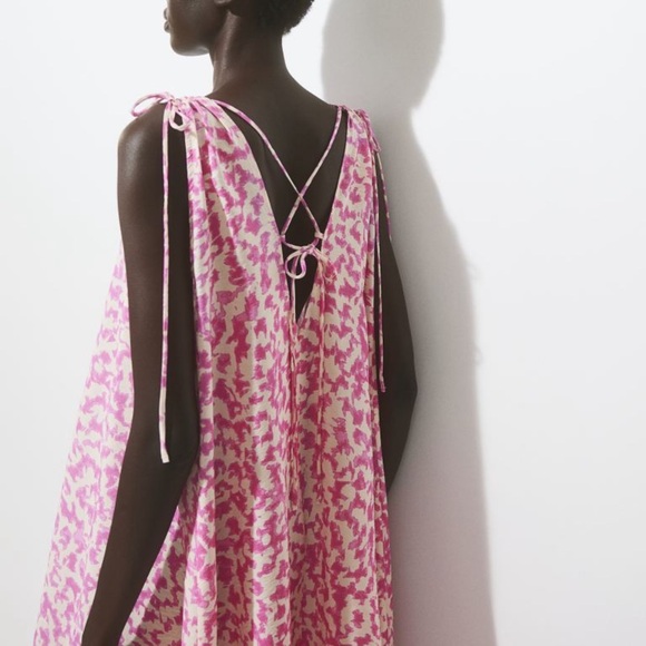 h&m tie detailed crepe v neck Maxi dress Pink Cream Loose Fit S/M - Picture 3 of 14